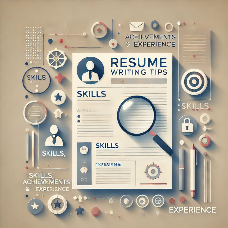 A minimalistic image featuring a clean, organized resume layout with icons representing skills, achievements, and experience. A magnifying glass highlights specific sections, symbolizing attention to detail in resume writing.