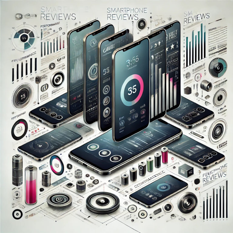 A modern, minimalistic image featuring a collection of smartphones, performance indicators, camera lenses, battery icons, and abstract charts, symbolizing smartphone reviews and comparisons.