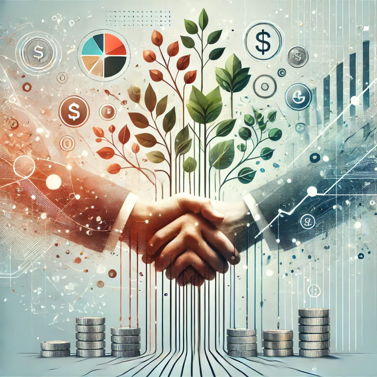 An abstract image featuring elements such as growing plants symbolizing business growth, financial symbols, and handshake imagery, representing collaboration and investment in startup funding.